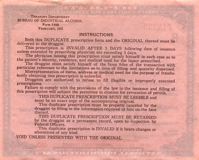 Rx Form 1403 for Medicinal Alcohol during Prohibition - USA 1931 - Duplicate Back